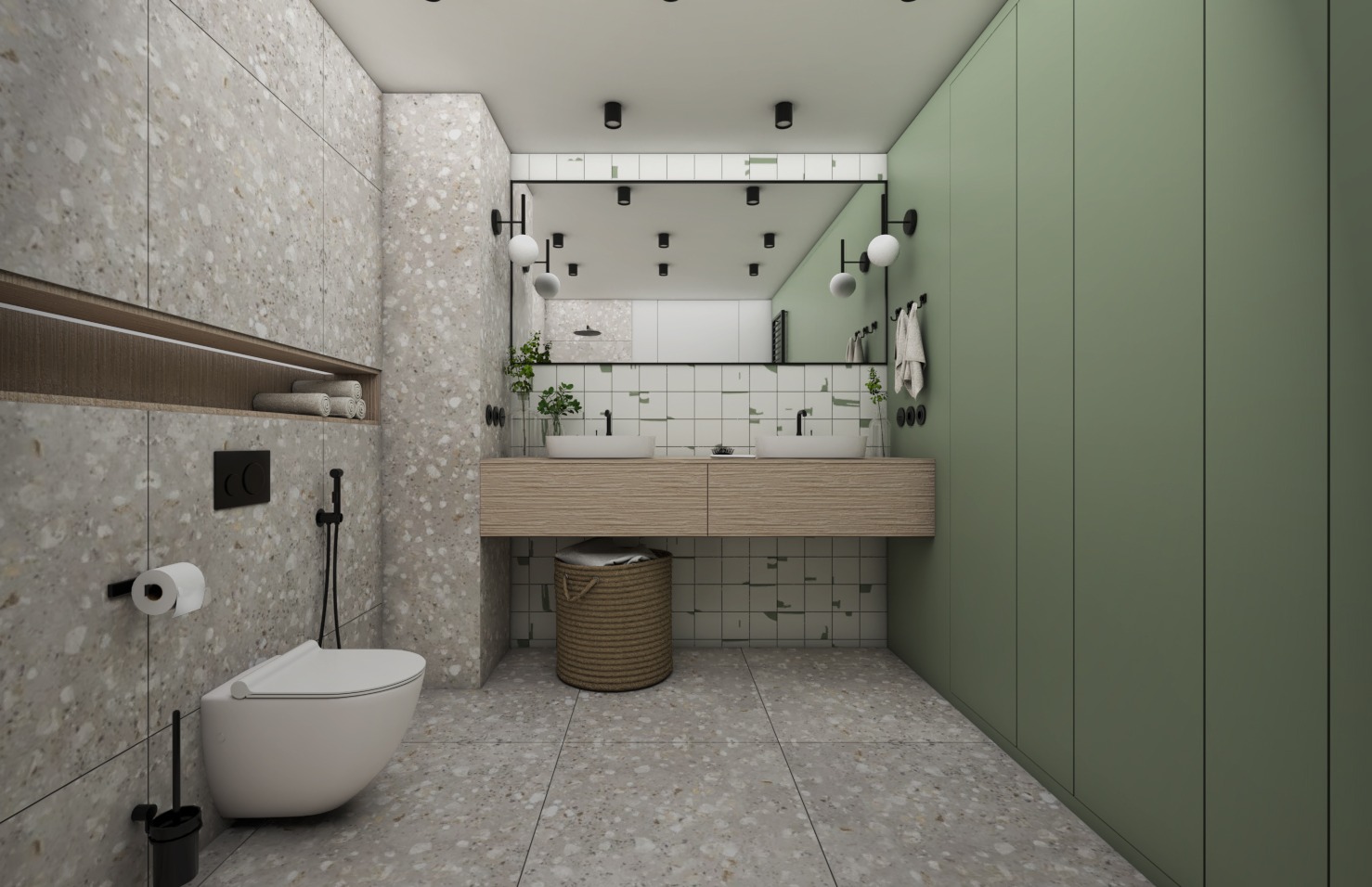 Nowoczesna łazienka z podwójną umywalką na drewnianej szafce, toaletą podwieszaną i zieloną zabudową meblową, wykończona płytkami lastryko.