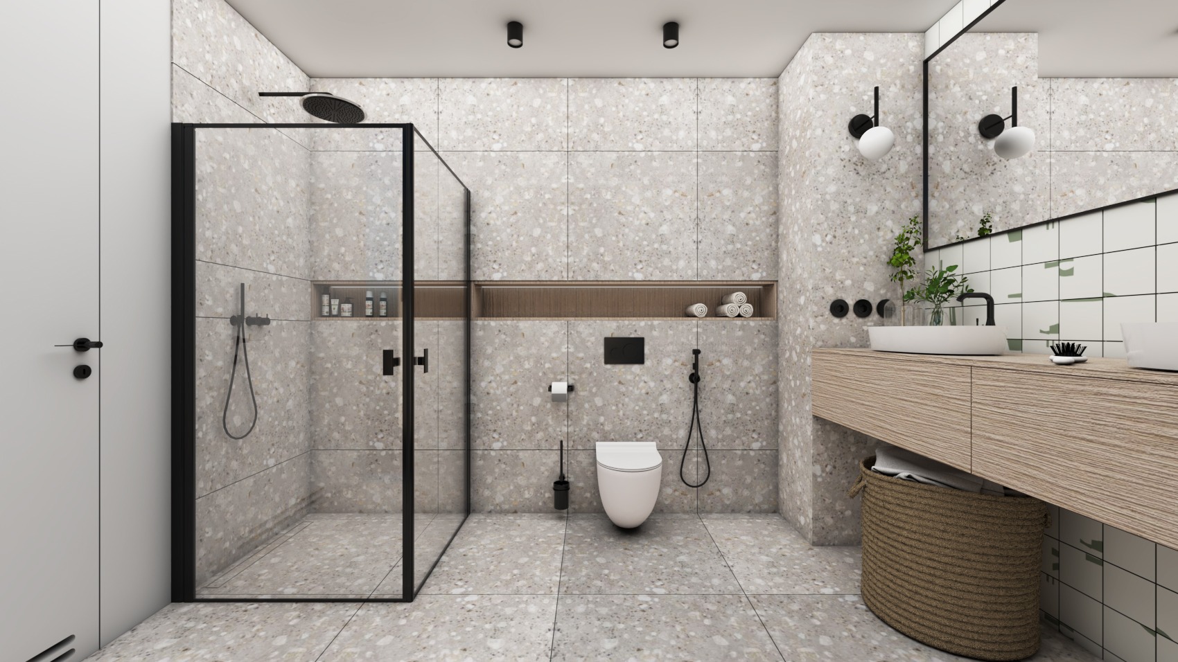 Nowoczesna łazienka z kabiną prysznicową typu walk-in, umywalką nablatową na drewnianej szafce i płytkami imitującymi lastryko na ścianach i podłodze.