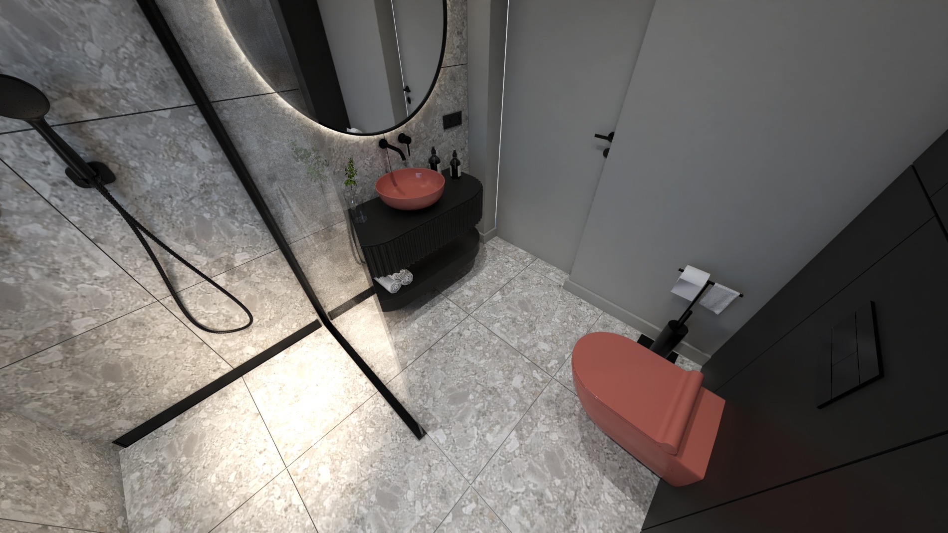 Nowoczesna łazienka z płytkami imitującymi marmur, czarną armaturą i umywalką w kolorze koralowym, okrągłe lustro z podświetleniem LED.