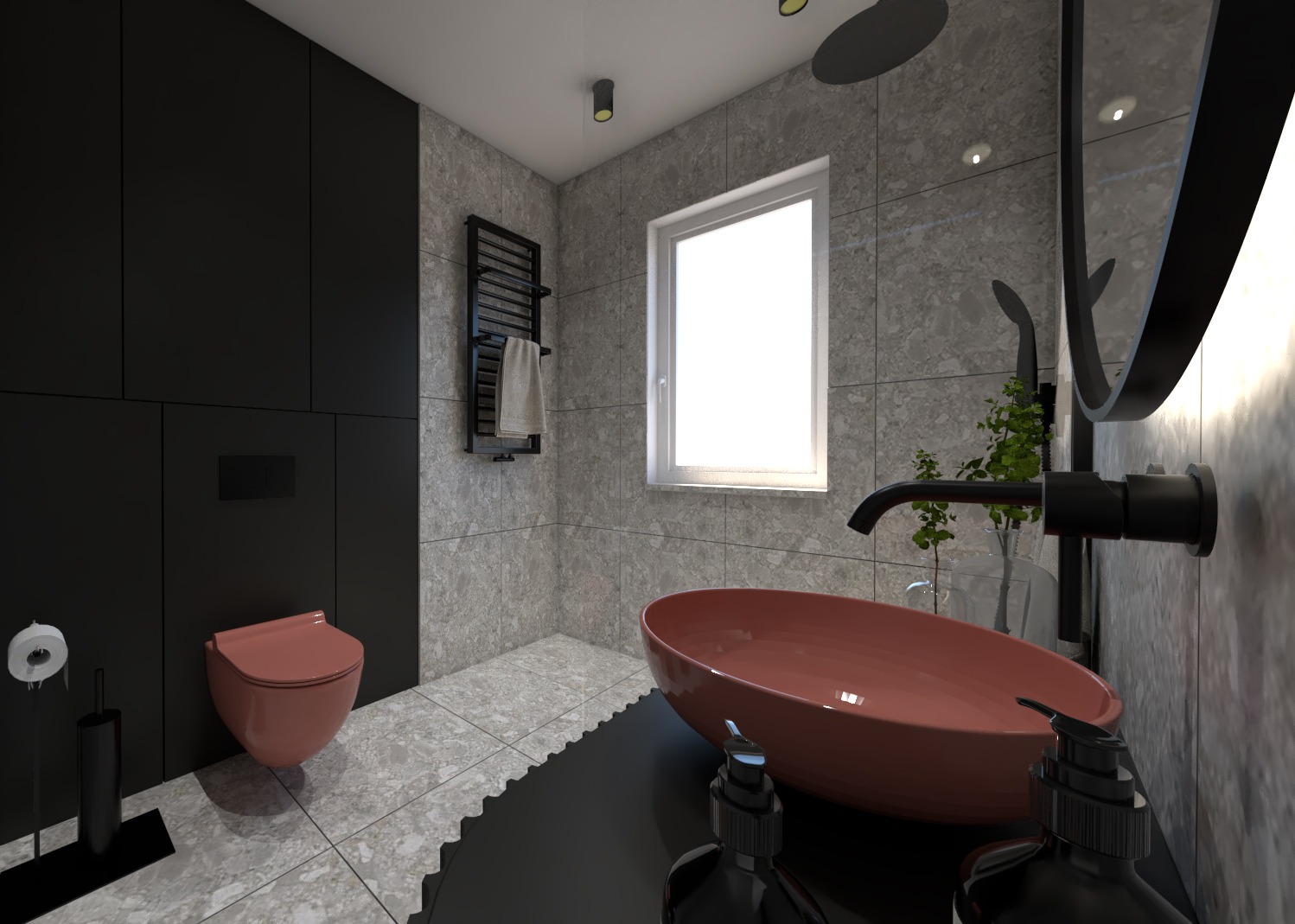 Nowoczesna łazienka z umywalką w kolorze terakoty, czarną armaturą i grzejnikiem drabinkowym, wykończona szarą płytką imitującą kamień.