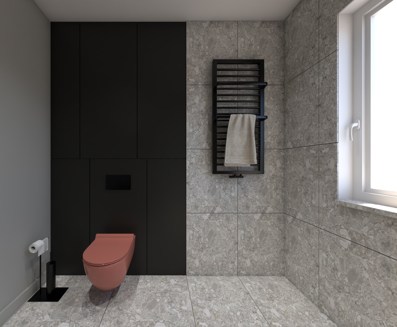 Nowoczesna łazienka z toaletą w kolorze terakoty, czarną szafką w zabudowie, grzejnikiem drabinkowym z beżowym ręcznikiem i szarymi płytkami imitującymi marmur.