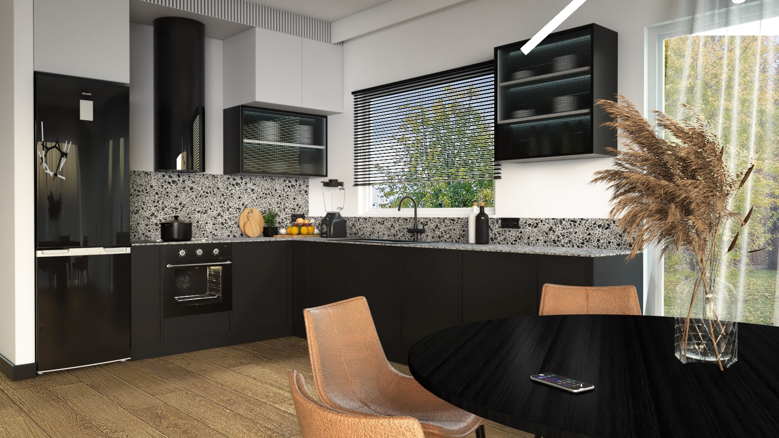 Nowoczesna kuchnia w czerni i bieli z drewnianą podłogą, czarnym stołem i skórzanymi krzesłami. Na blacie leży smartfon.
