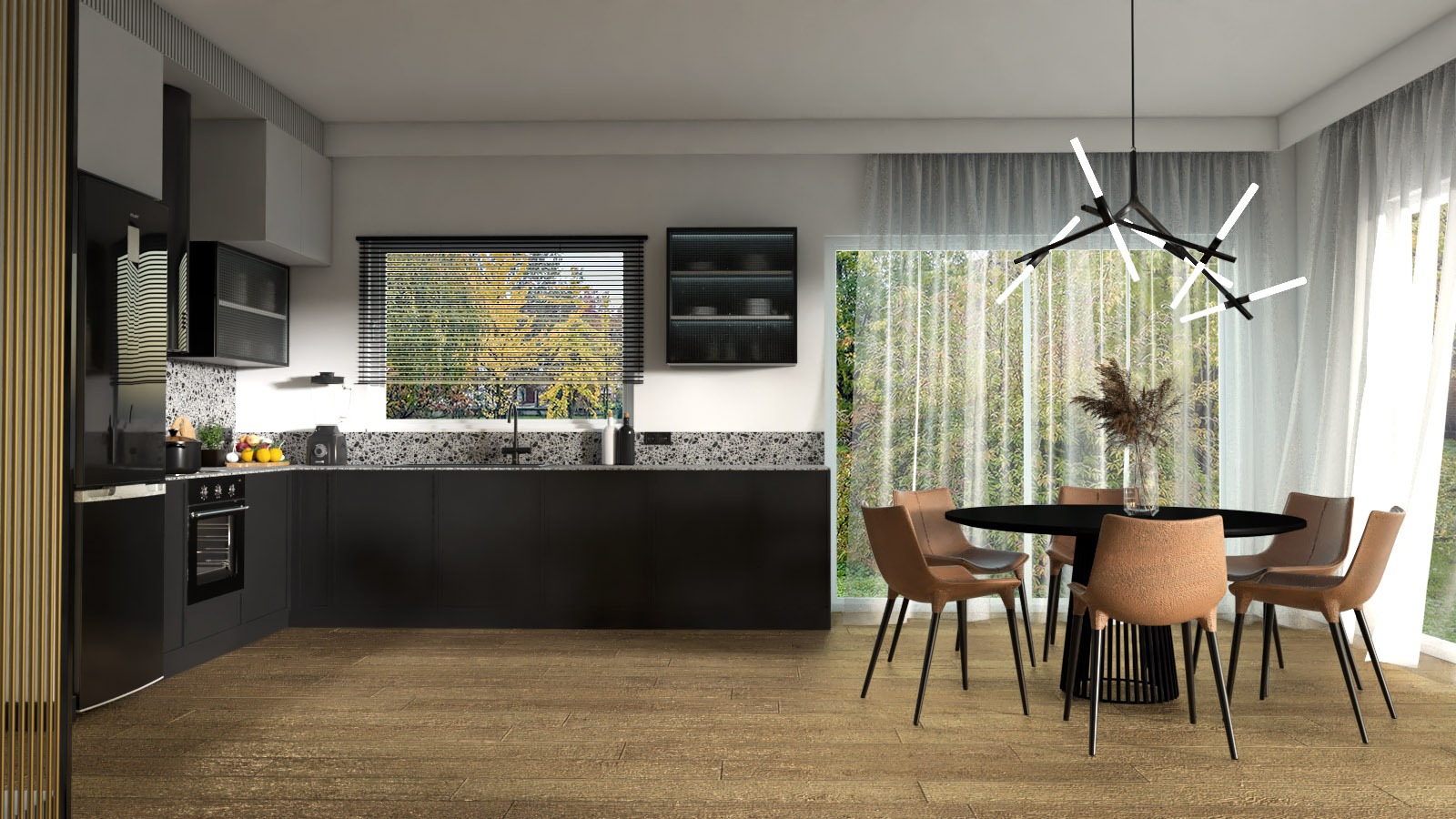 Nowoczesna kuchnia z czarnymi szafkami, blatem z lastryko i drewnianą podłogą; okrągły stół z sześcioma krzesłami obok okna z widokiem na jesienny ogród.