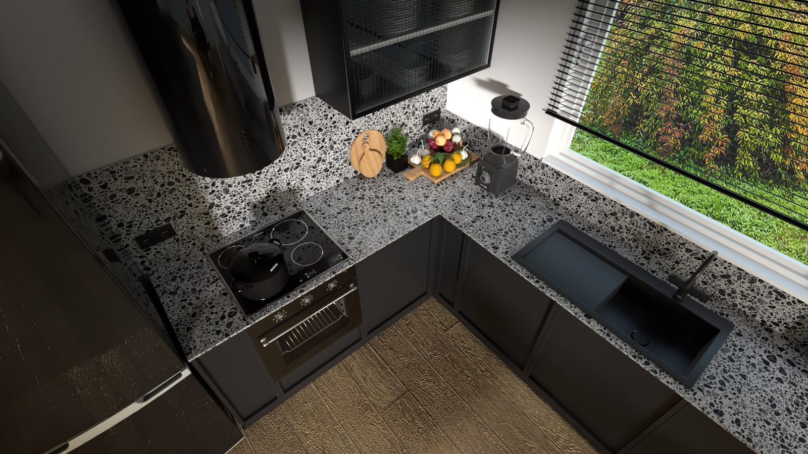 Nowoczesna kuchnia z czarnymi szafkami, blatem w czarno-białe plamki i drewnianą podłogą, widok z góry na płytę grzewczą, zlew i akcesoria kuchenne.