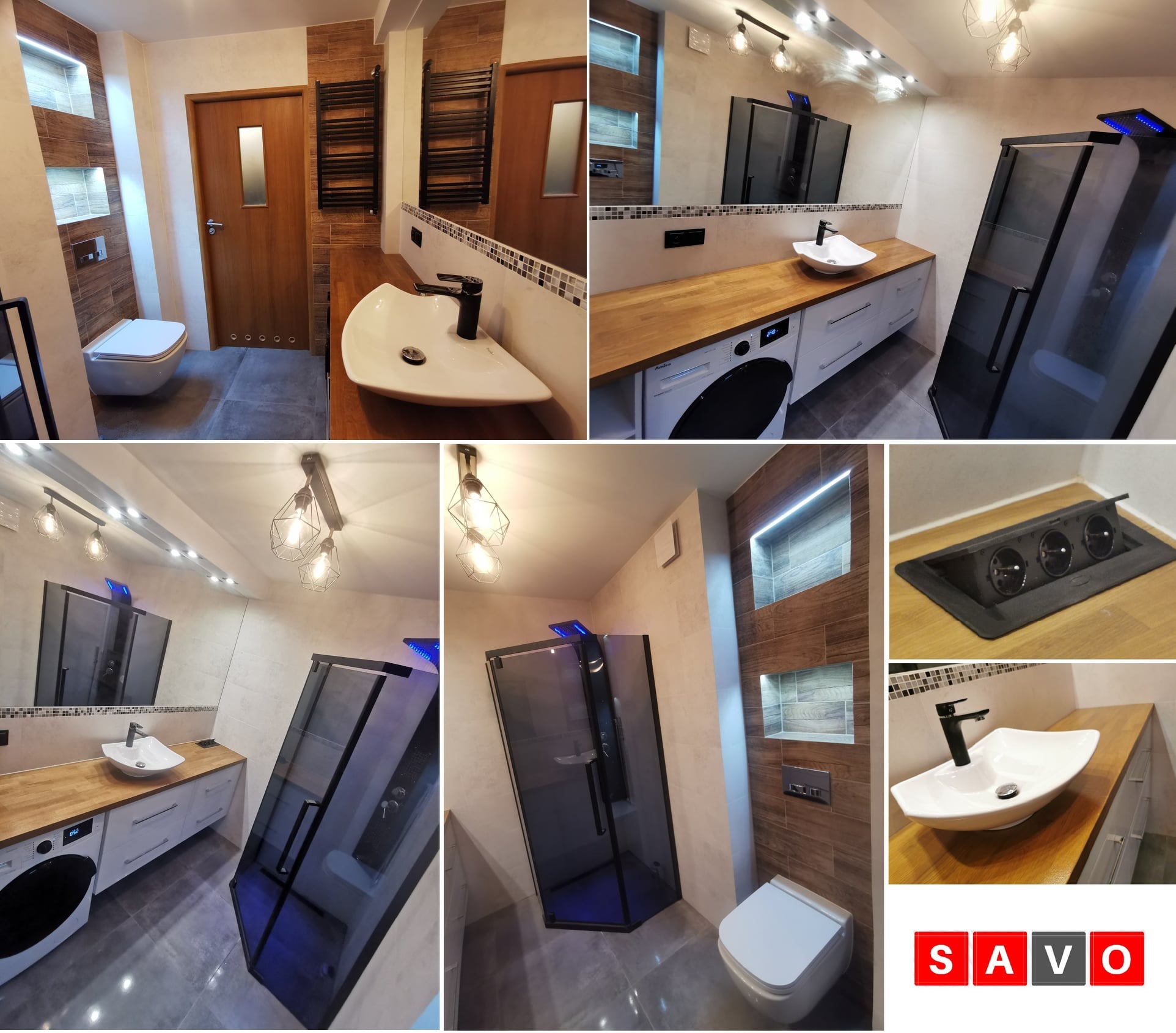 Nowoczesna łazienka z drewnianymi akcentami, umywalką nablatową, kabiną prysznicową z niebieskim oświetleniem LED, drewnianym blatem z ukrytymi gniazdkami, i pralką pod blatem.