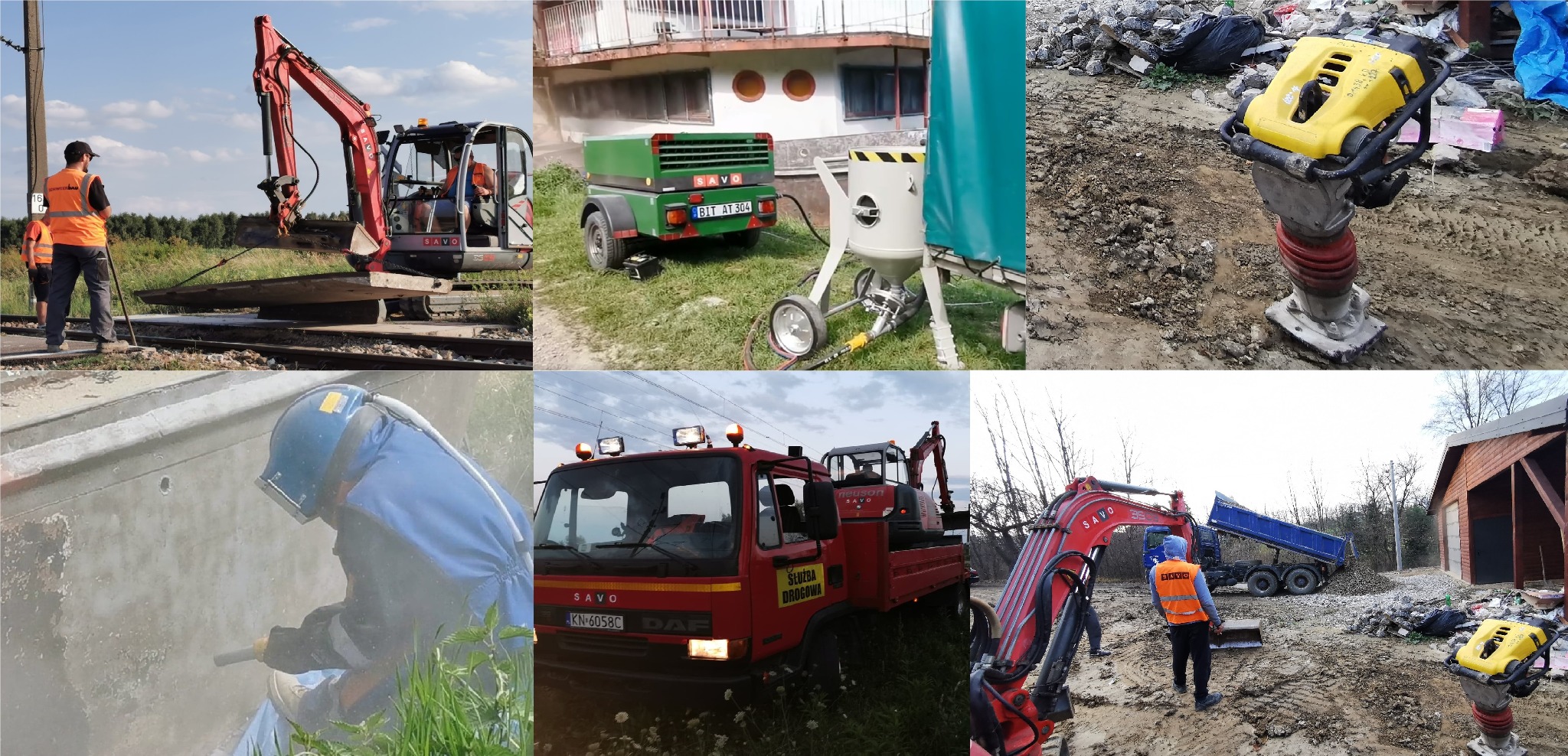Kompozycja zdjęć przedstawiająca prace ziemne i drogowe: mini koparka na torach kolejowych, piaskarka z kompresorem na przyczepie, ubijak wibracyjny na gruzowisku, pracownik w kombinezonie...