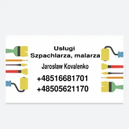 Wizytówka firmy oferującej usługi szpachlarza i malarza, z ilustracjami pędzli i wałka malarskiego oraz danymi kontaktowymi.