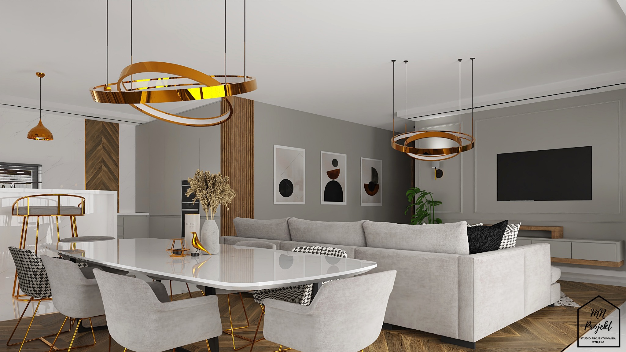 Wnętrze nowoczesnego salonu z jadalnią: szary narożnik, biały stół z szarymi krzesłami na złotych nogach, złote lampy wiszące, dekoracje ścienne i drewniana podłoga w jodełkę.