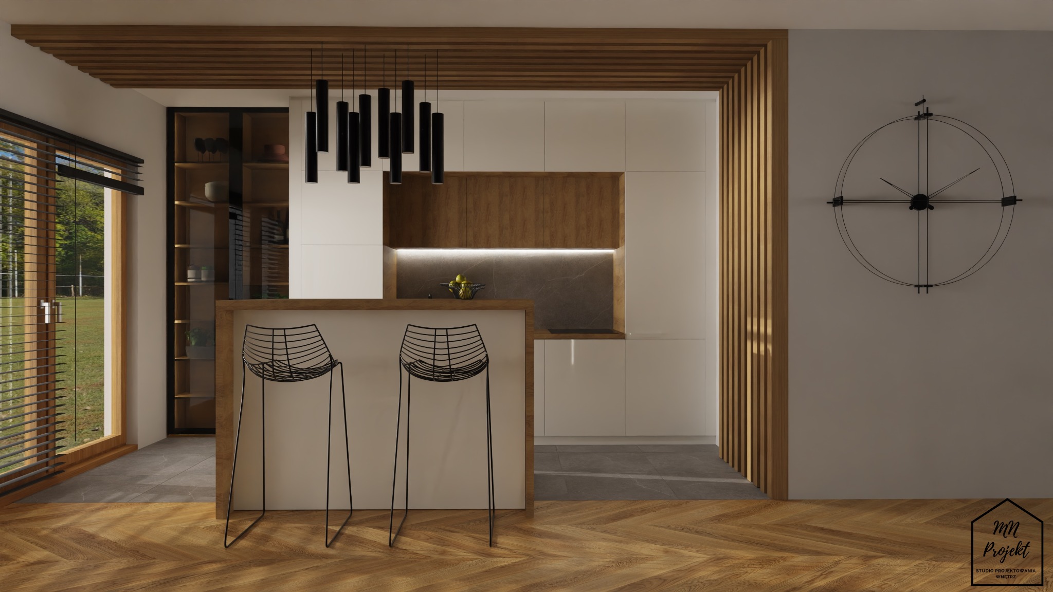 Wizualizacja nowoczesnej kuchni z drewnianymi akcentami, wyspą z dwoma metalowymi stołkami barowymi i dekoracyjnym zegarem na ścianie.