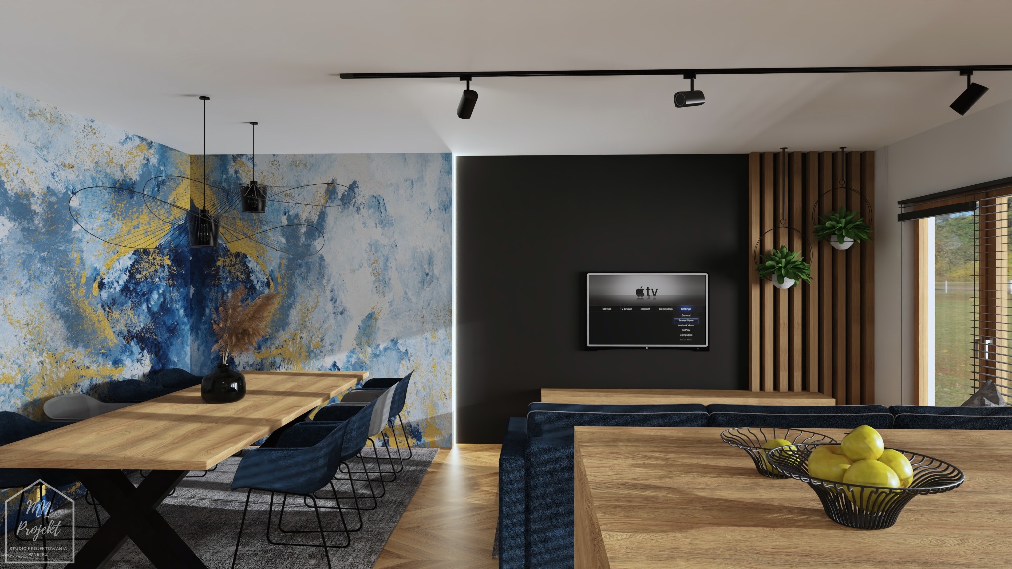 Wizualizacja wnętrza salonu z drewnianym stołem, krzesłami z aksamitnym obiciem, ścianą z abstrakcyjnym malowidłem w odcieniach błękitu i złota oraz telewizorem na czarnej ścianie.