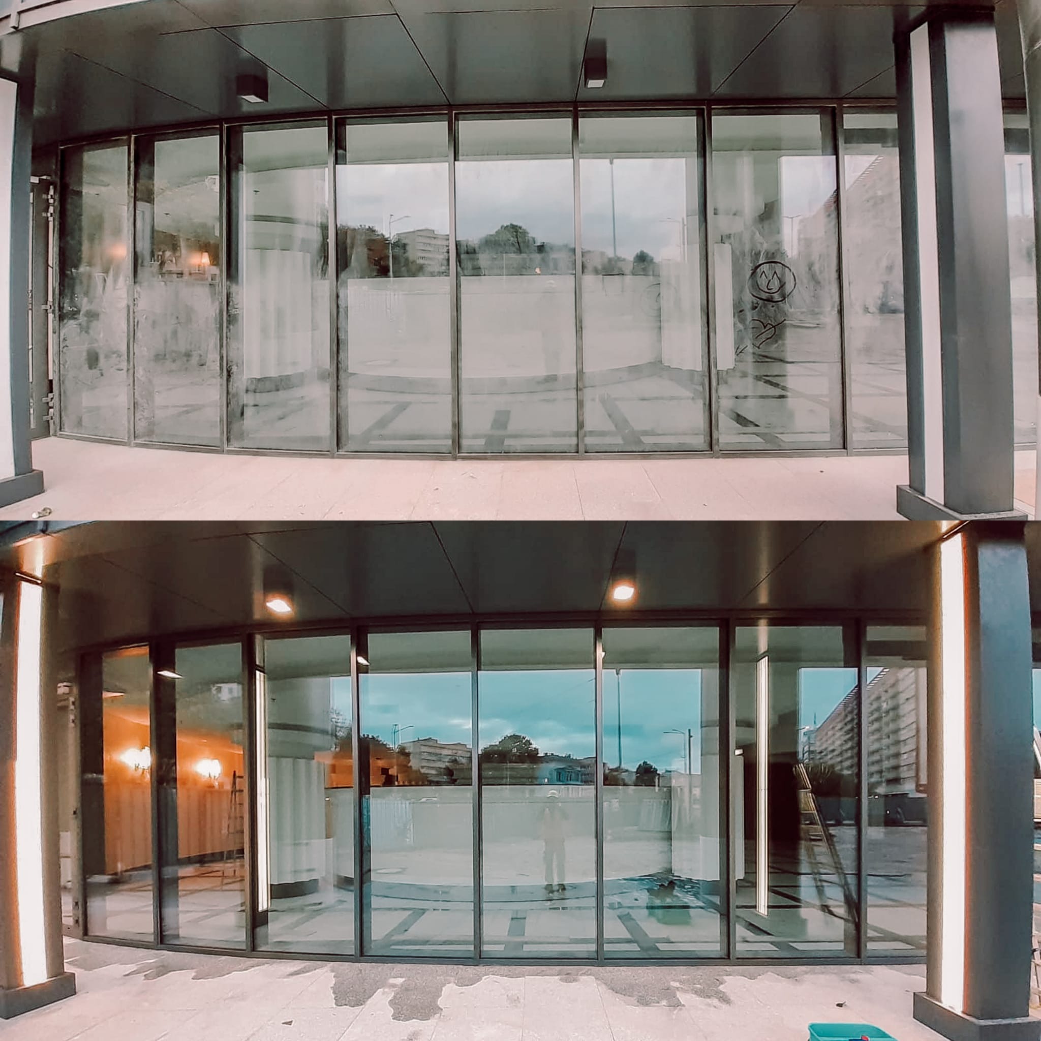 Szklana fasada budynku z widocznymi smugami po czyszczeniu na niektórych oknach, drabina oparta o okno w dolnej części, odbicie sylwetki osoby w oknie.