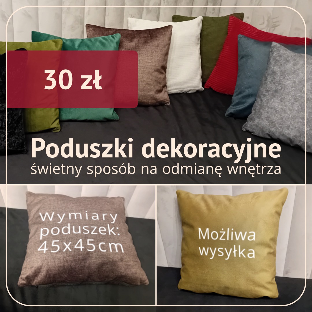 Kompozycja dekoracyjnych poduszek w różnych kolorach i fakturach, z informacją o cenie i możliwości wysyłki.