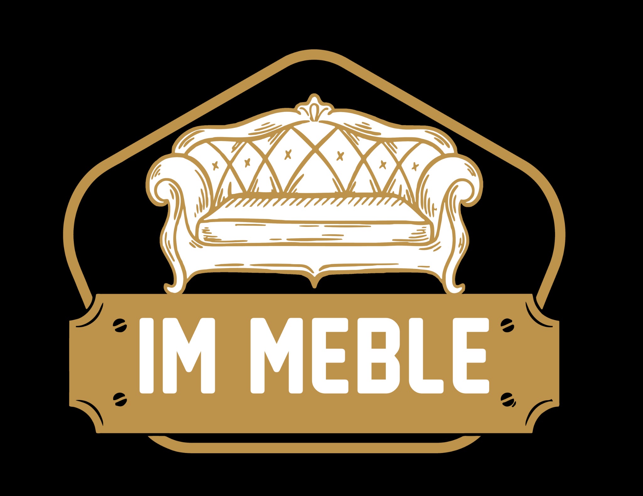 Elegancki logotyp firmy IM MEBLE z stylizowaną, białą sofą na złotym tle. Klasyczny krój pisma i rama dodają szyku.
