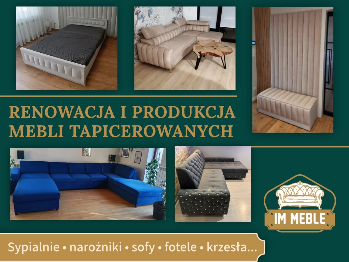 Kompozycja z meblami: łóżko, narożnik, sofa, fotel, krzesło. Prezentacja renowacji i produkcji mebli.