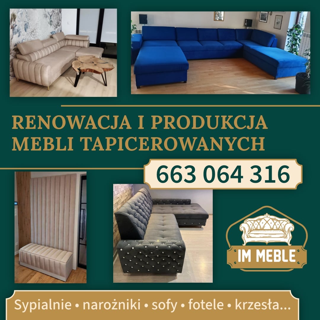 Renowacja i produkcja mebli: beżowy narożnik z drewnianym stolikiem, niebieski narożnik, szara sypialnia z łóżkiem, szary narożnik z guzikami. Logo IM Meble.