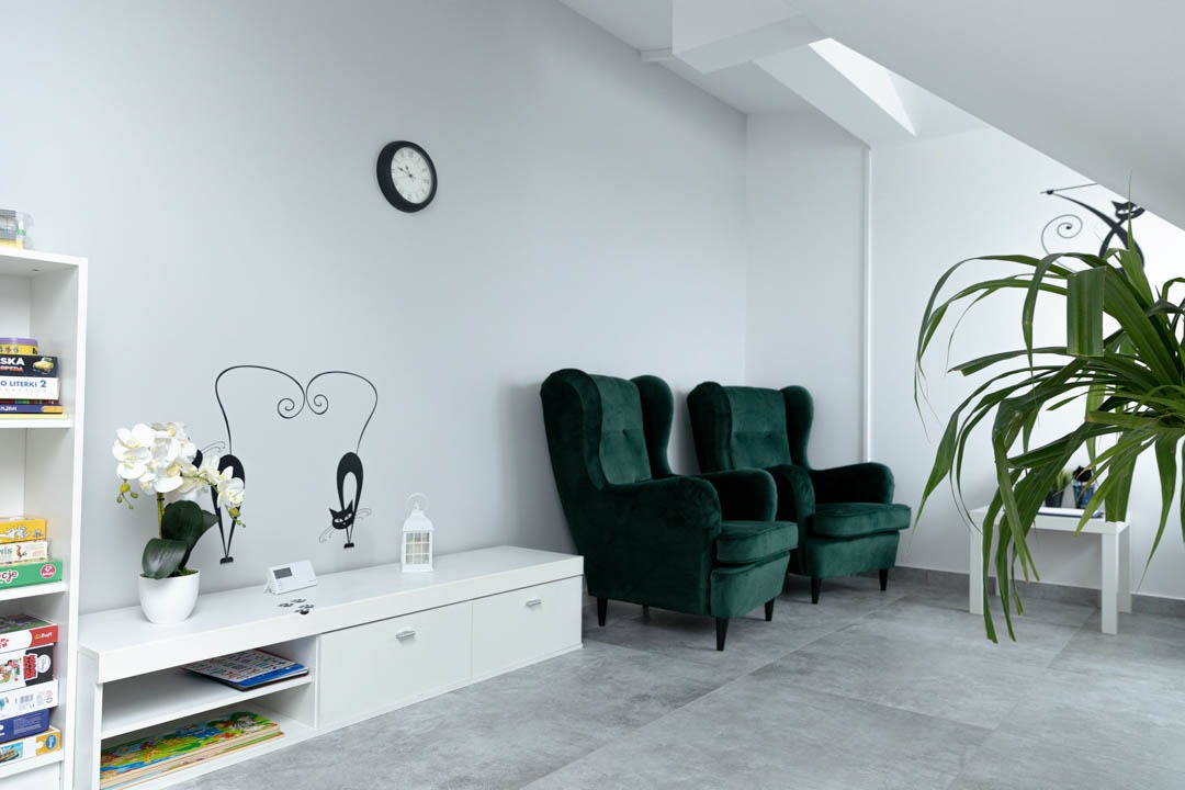 Jasne wnętrze poczekalni z dwoma zielonymi fotelami typu uszak, białą komodą z dekoracją ścienną z motywem kotów, zegarem na ścianie i rośliną doniczkową.