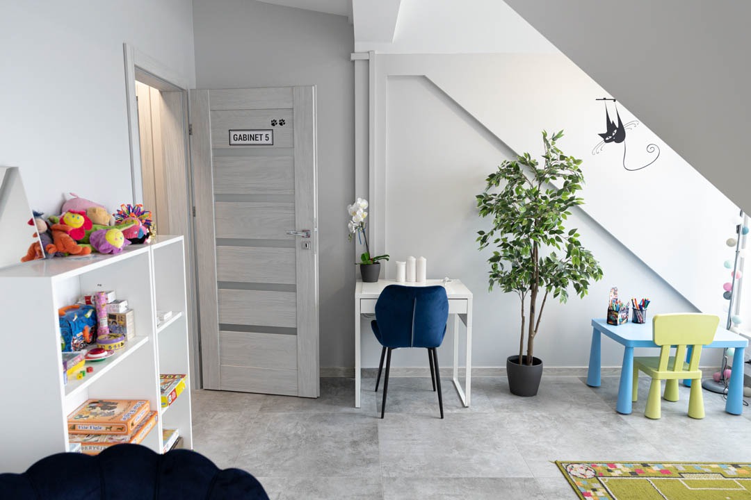 Jasny gabinet z biurkiem, krzesłem, regałem z zabawkami i stolikiem dla dzieci, na drzwiach tabliczka 'Gabinet 5' z symbolem psich łap.