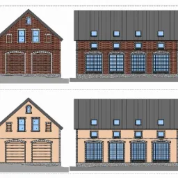 Wizualizacja elewacji budynku usługowego z dwoma wariantami kolorystycznymi: ceglana czerwień i beż, prezentująca detale architektoniczne takie jak okna łukowe, bramy garażowe i dach z blachy...