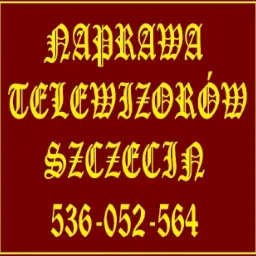 Szyld reklamowy w kolorach bordo i złota z gotyckim fontem, informujący o serwisie urządzeń RTV w Szczecinie wraz z numerem telefonu.