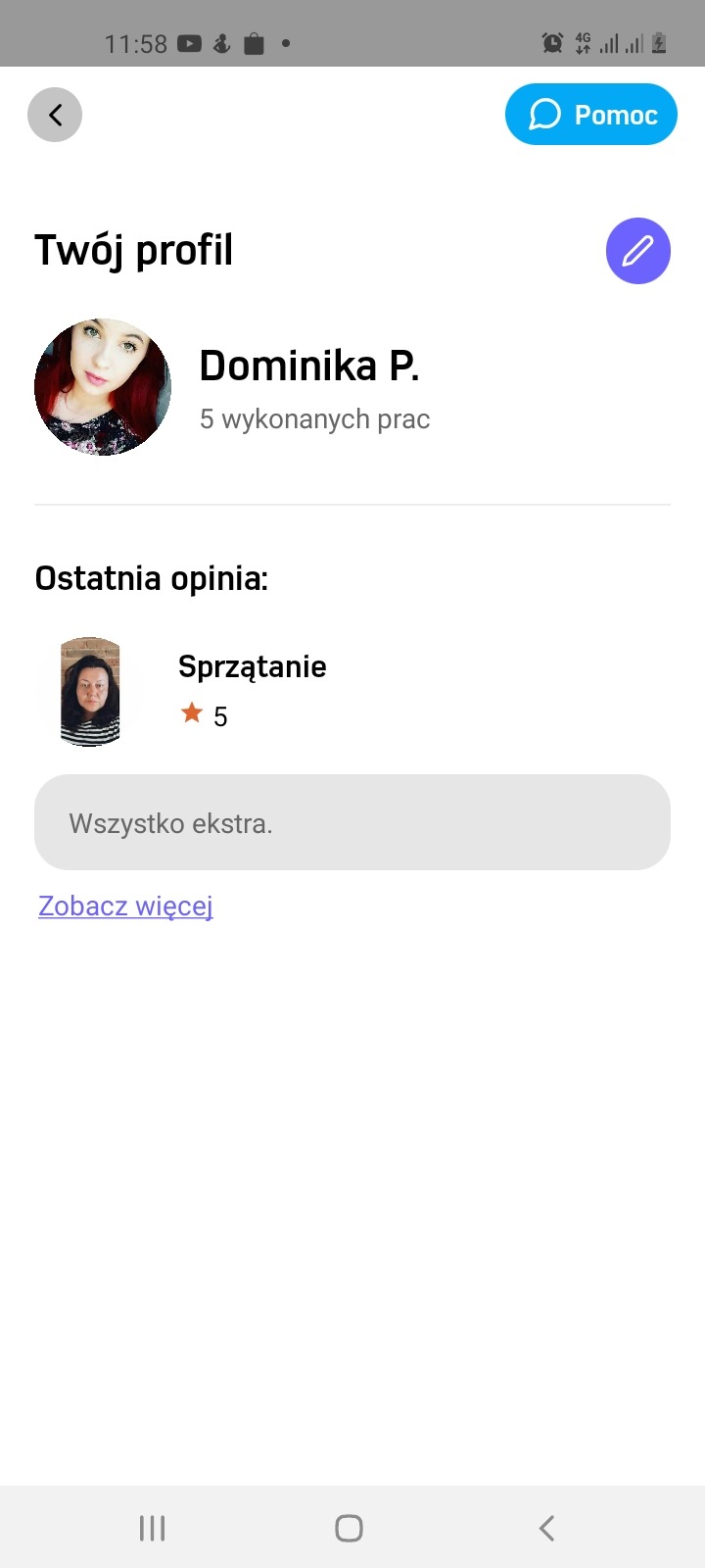 Profil użytkownika Dominika P. w aplikacji Oferteo, widoczne zdjęcie profilowe, liczba wykonanych prac (5) oraz ostatnia opinia dotycząca sprzątania z oceną 5 gwiazdek i komentarzem 'Wszystko ekstra'.