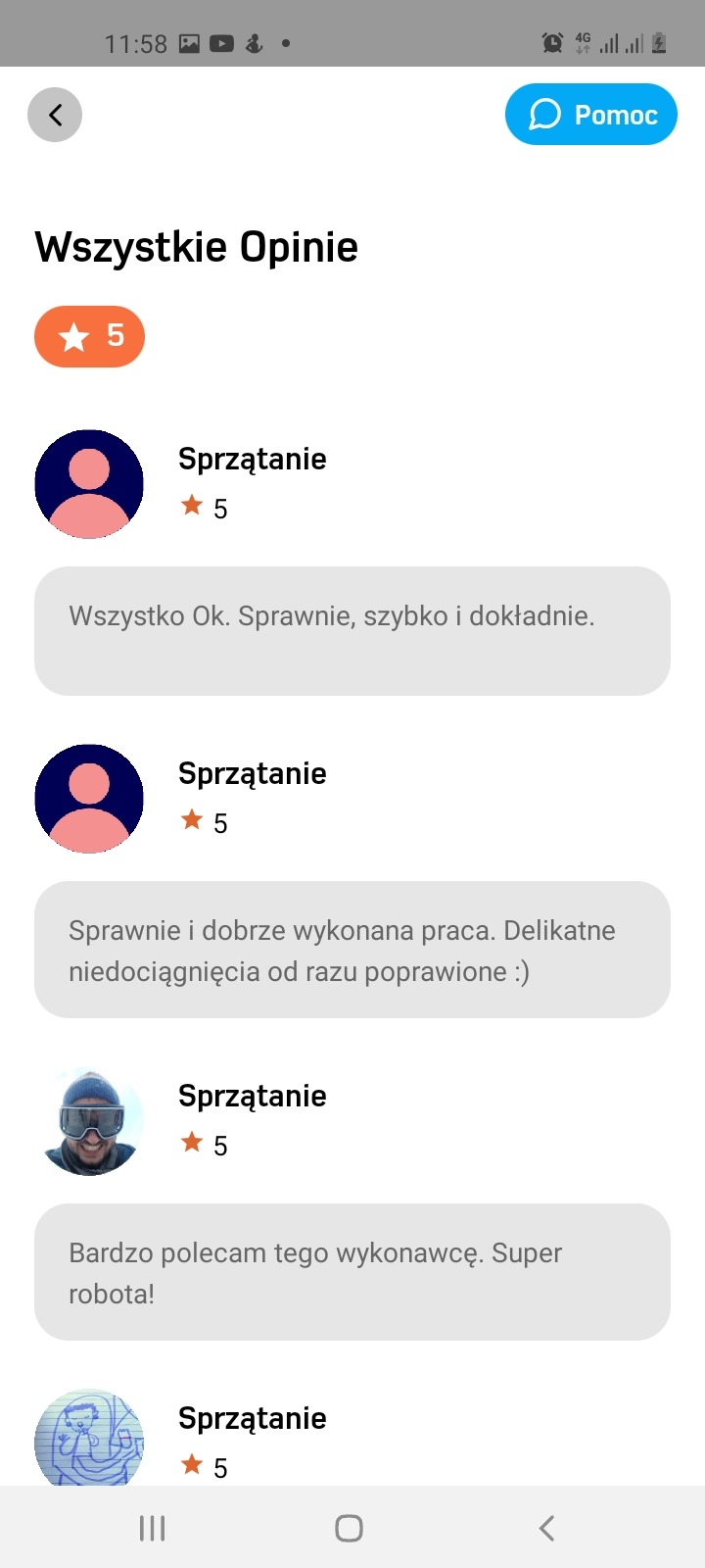 Zrzut ekranu aplikacji z listą opinii klientów na temat usług sprzątania, oceny 5-gwiazdkowe, pozytywne komentarze o sprawności i dokładności.