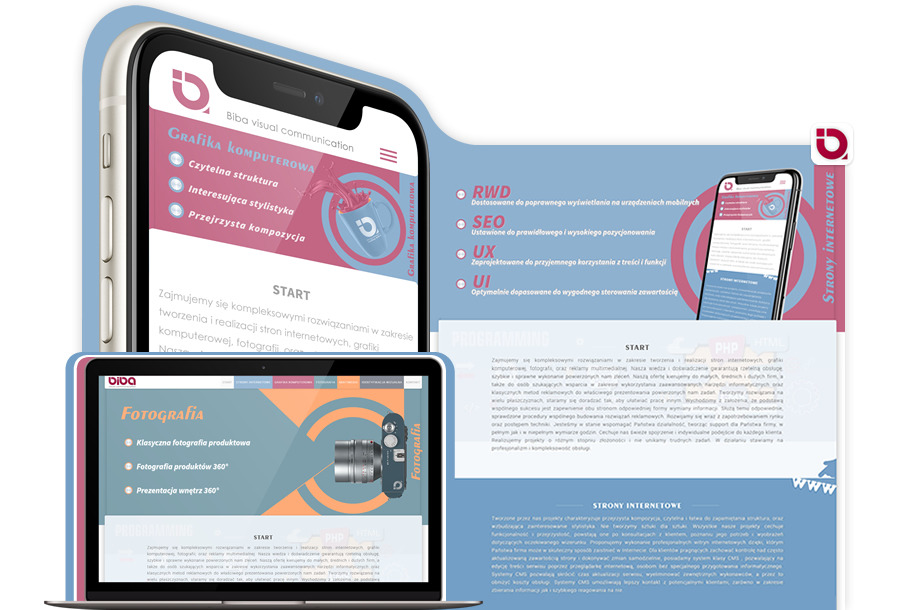 Prezentacja responsywnej strony internetowej na laptopie i smartfonie, z naciskiem na grafikę komputerową i fotografię produktową.