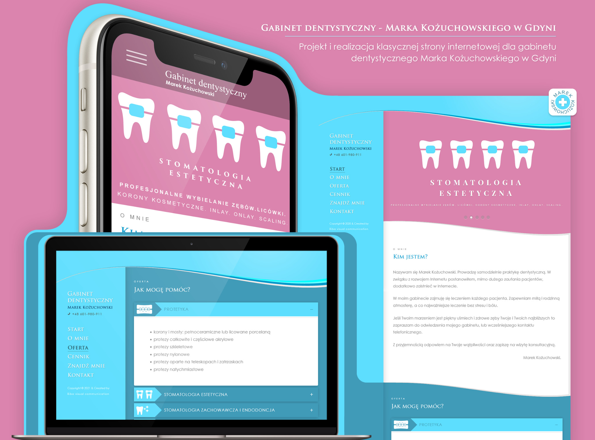 Prezentacja responsywnej strony internetowej gabinetu dentystycznego Marka Kożuchowskiego na laptopie i smartfonie, z pastelową kolorystyką i grafikami zębów.