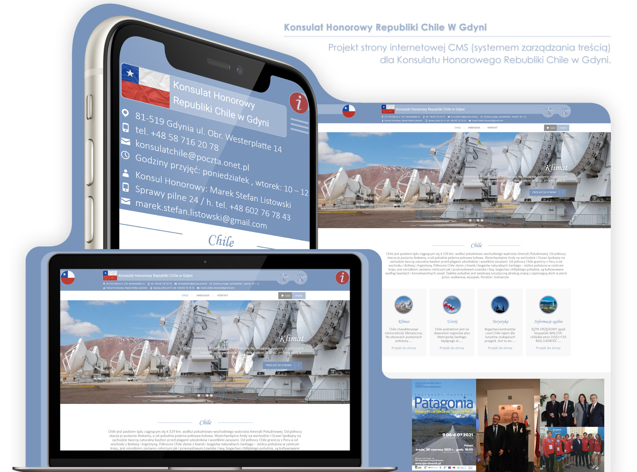 Prezentacja strony internetowej Konsulatu Honorowego Republiki Chile w Gdyni na ekranach laptopa i smartfona, ukazująca responsywny design i układ treści.