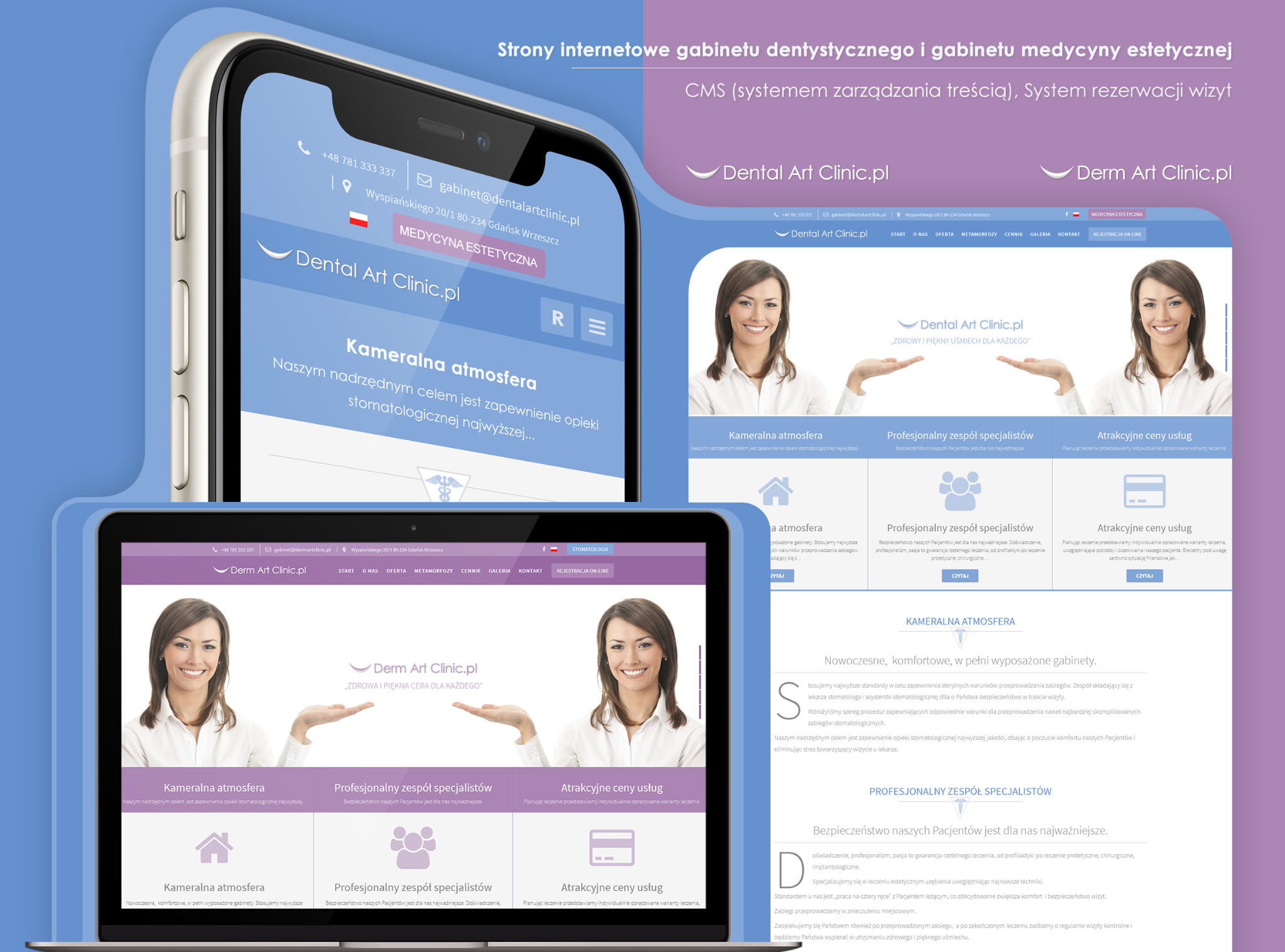 Prezentacja strony internetowej gabinetu dentystycznego Dental Art Clinic na ekranie smartfona i laptopa, z widocznymi elementami interfejsu, takimi jak logo, menu i zdjęcia zespołu.