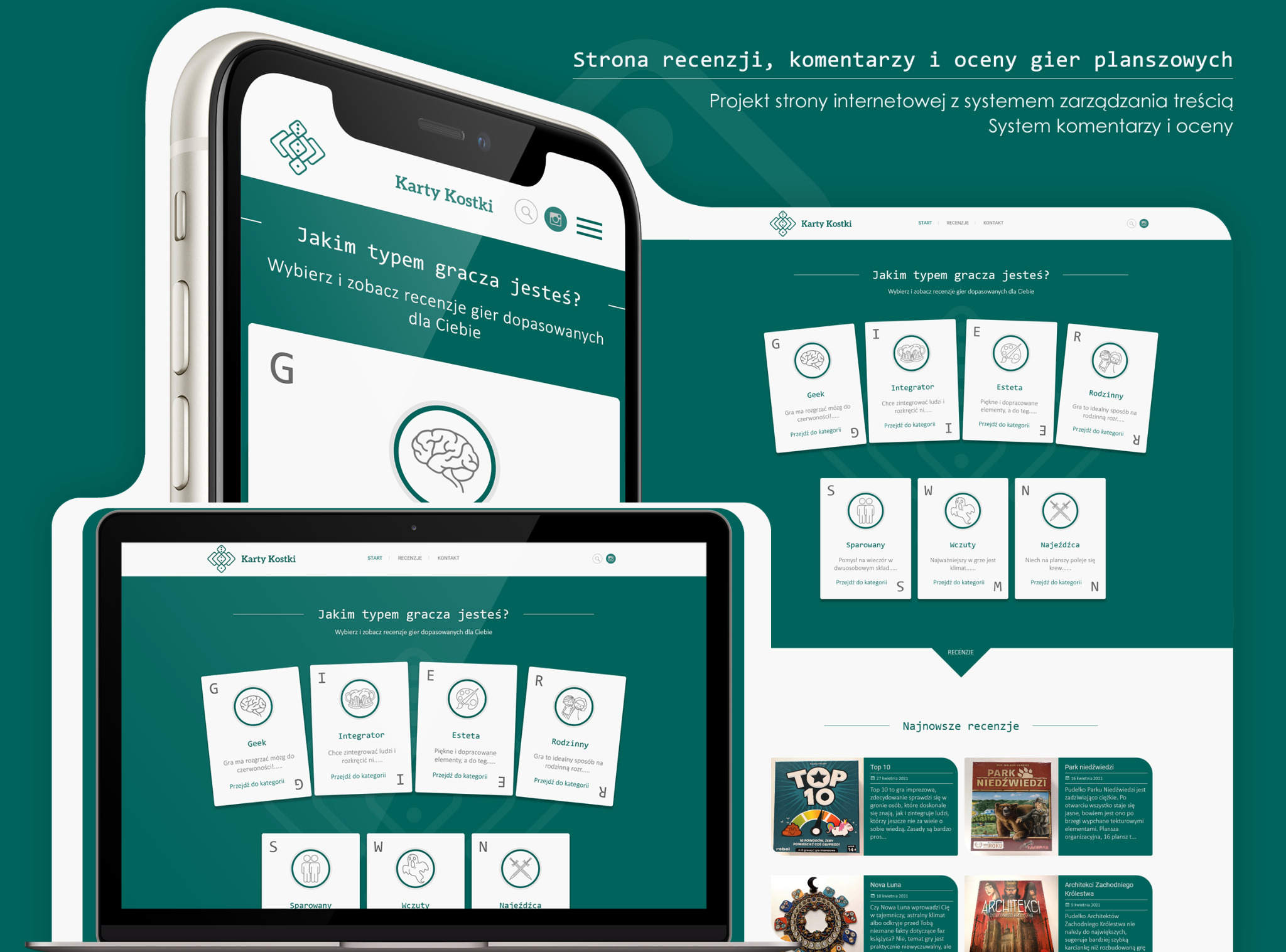 Prezentacja strony internetowej 'Karty Kostki' na ekranach laptopa i smartfona, promującej recenzje gier planszowych z podziałem na typy graczy.