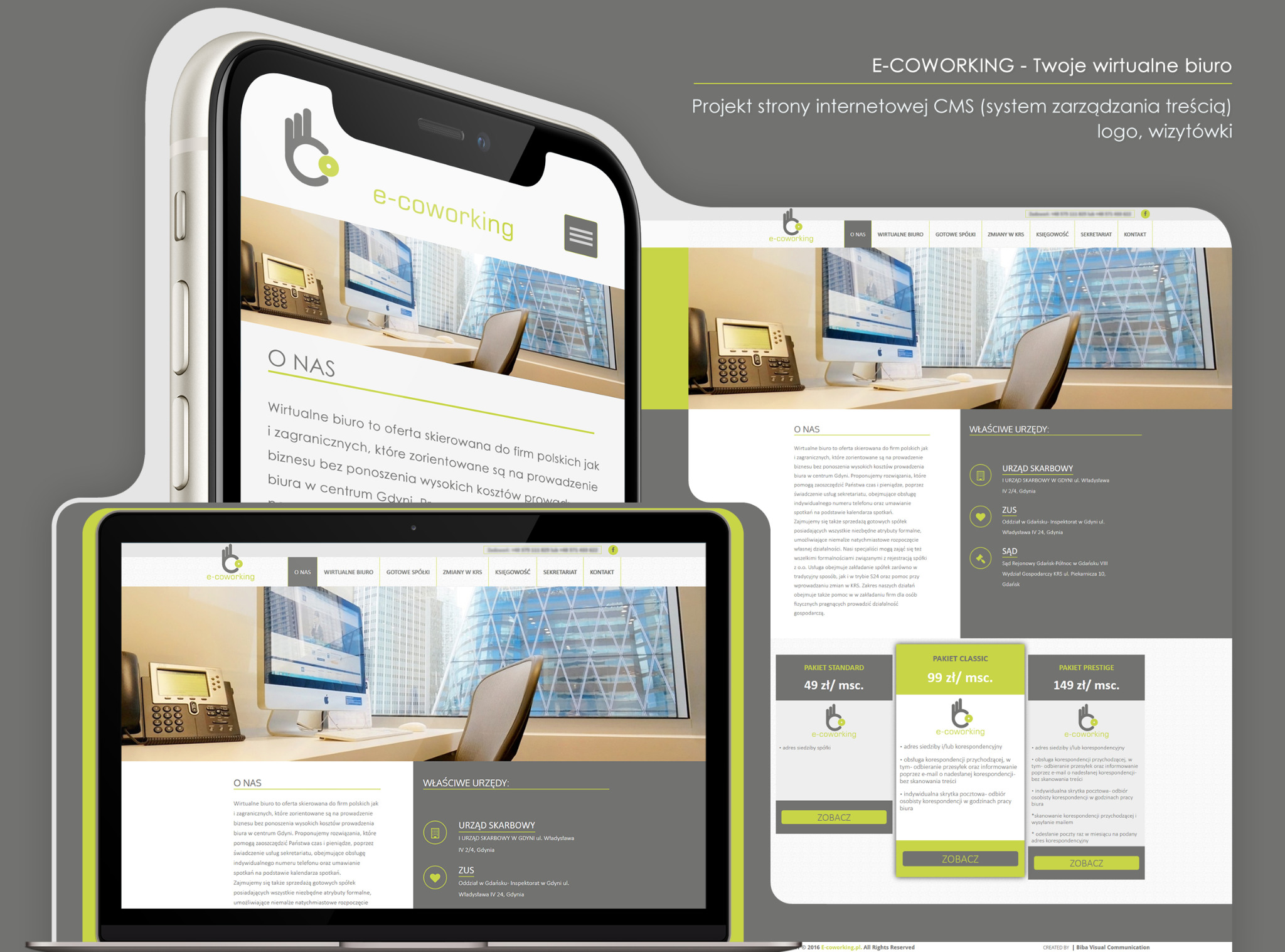 Prezentacja responsywnej strony internetowej e-coworking na urządzeniach: smartfon i laptop. Widoczne elementy interfejsu, biuro w tle i oferta pakietów.