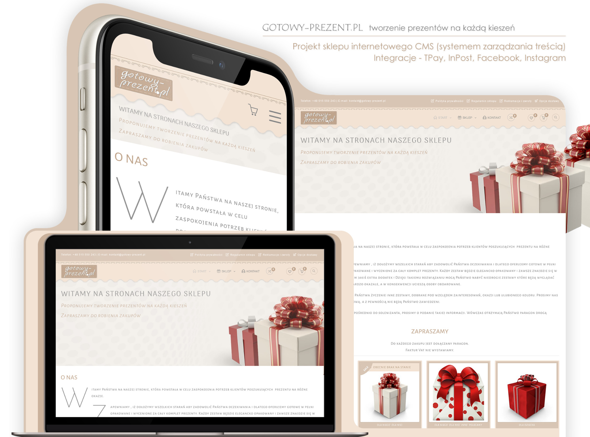 Ekran smartfona i laptopa prezentujące stronę internetową sklepu z prezentami 'gotowy-prezent.pl', z widocznym logo i ofertą prezentów.