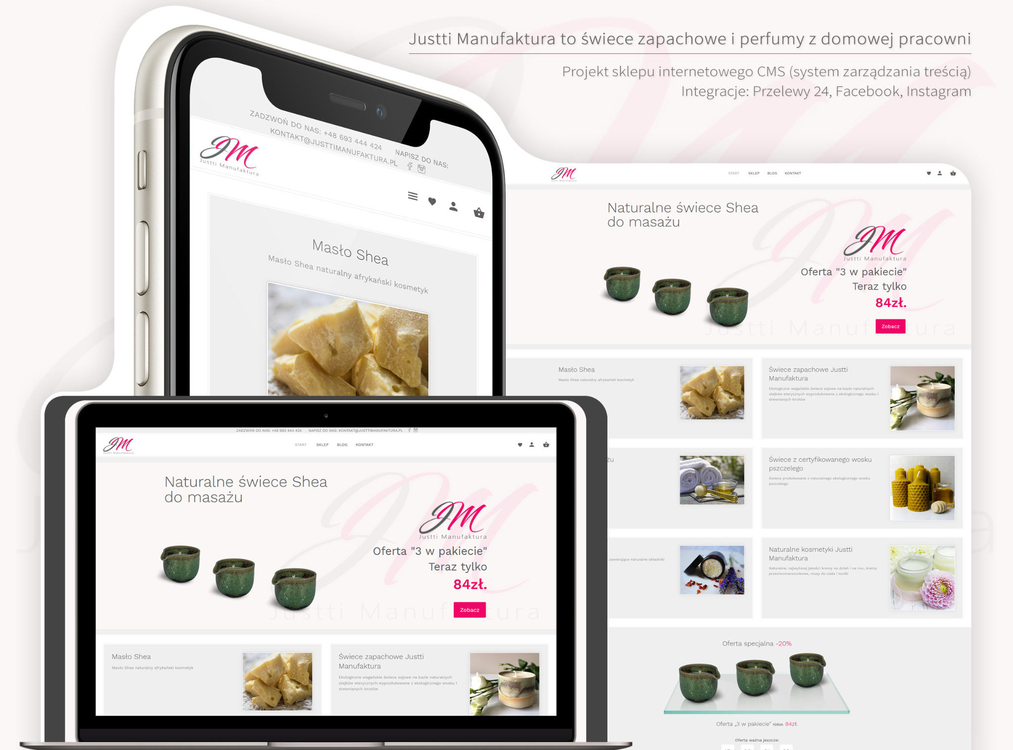 Ekran smartfona prezentujący stronę internetową sklepu z naturalnymi kosmetykami Justti Manufaktura, z ofertą świec Shea do masażu i masła Shea, w tle widoczny ekran laptopa z tą samą stroną.