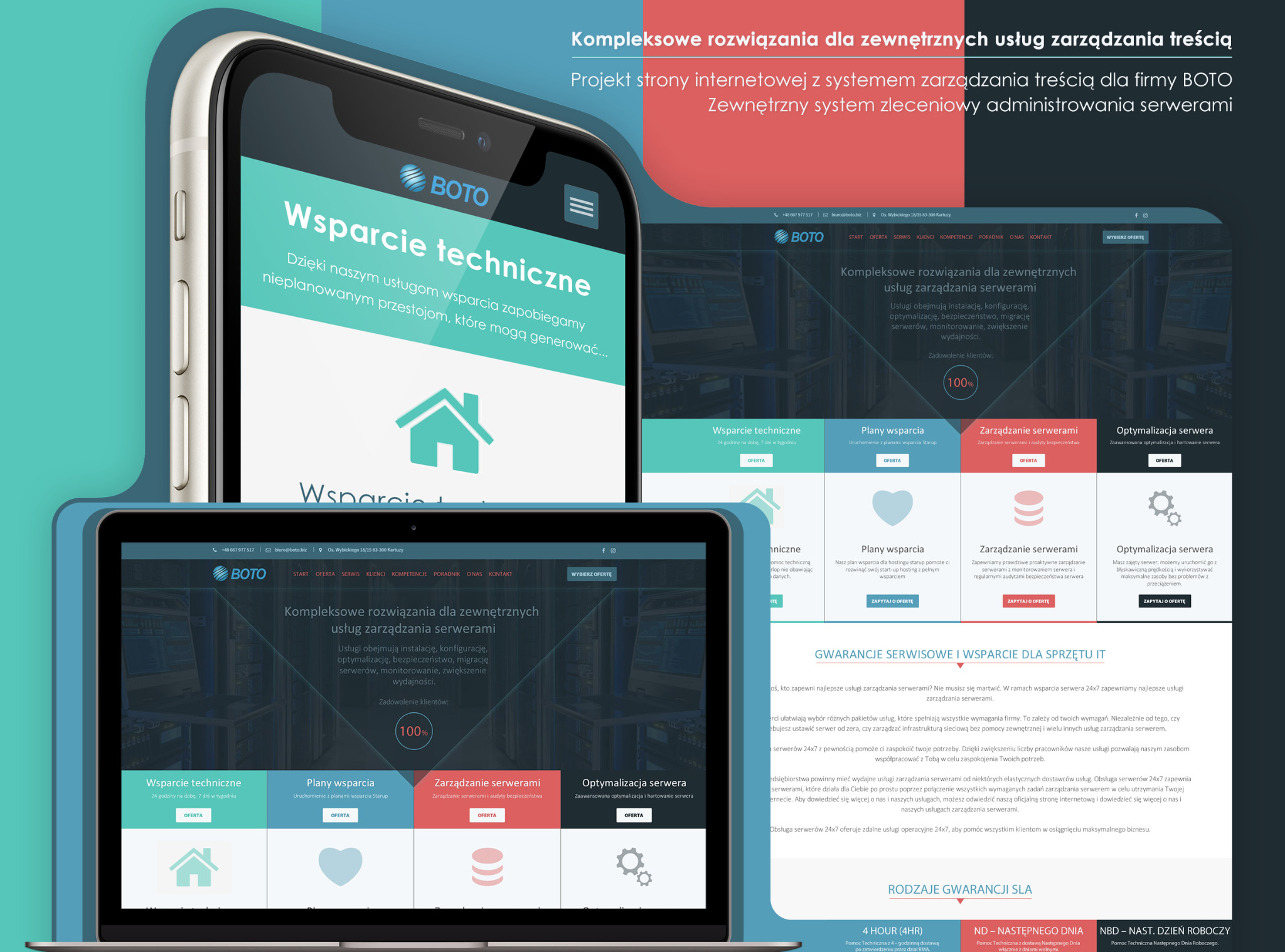 Wyświetlacz laptopa i smartfona prezentujące responsywną stronę internetową firmy BOTO z ofertą kompleksowych rozwiązań dla zarządzania treścią i serwerami, w tym wsparcie techniczne, plany...