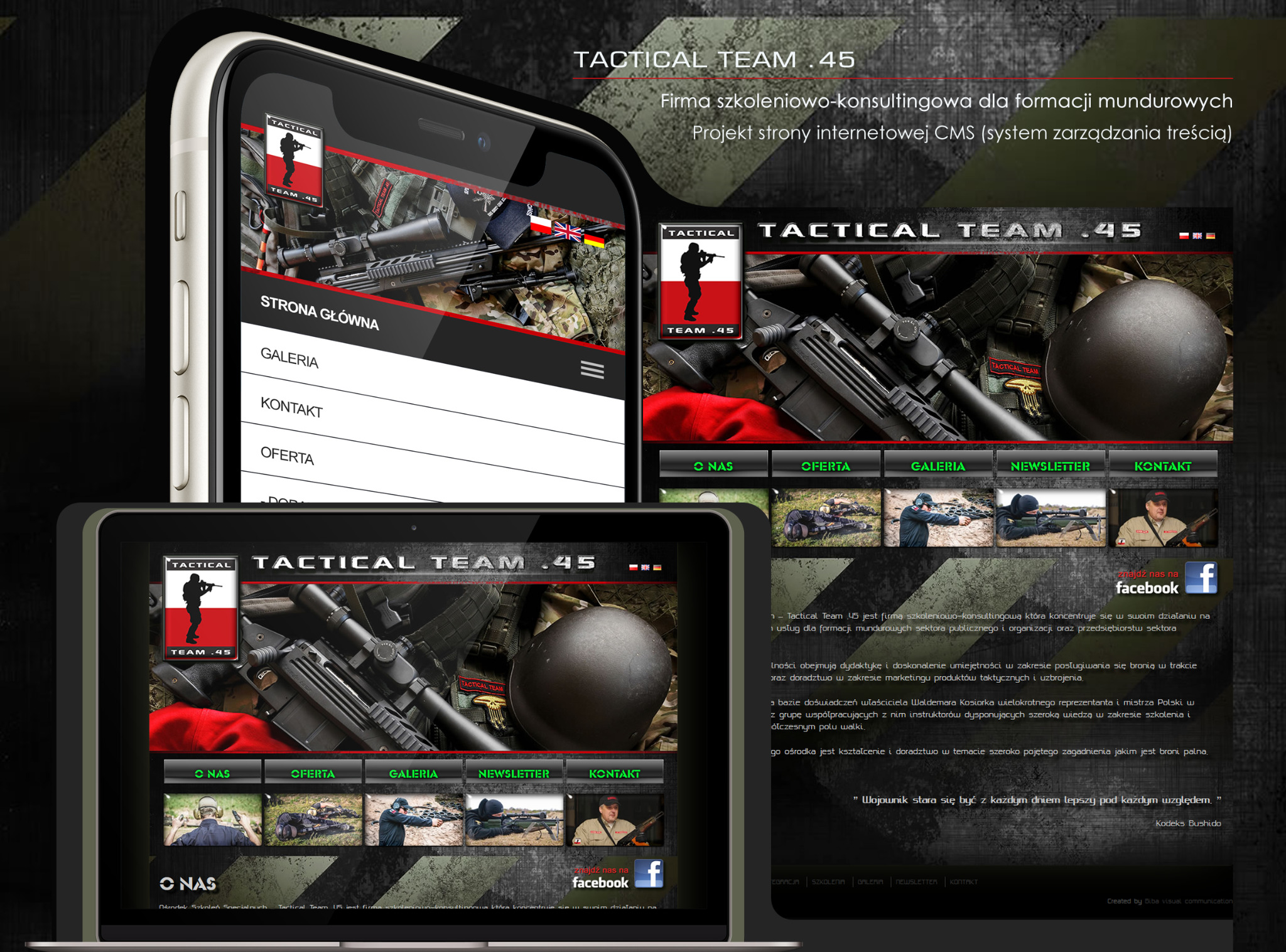 Prezentacja strony internetowej firmy szkoleniowej Tactical Team .45 na urządzeniach mobilnych: smartfonie i tablecie, z widocznym logo, menu i treścią dotyczącą szkoleń taktycznych i uzbrojenia.