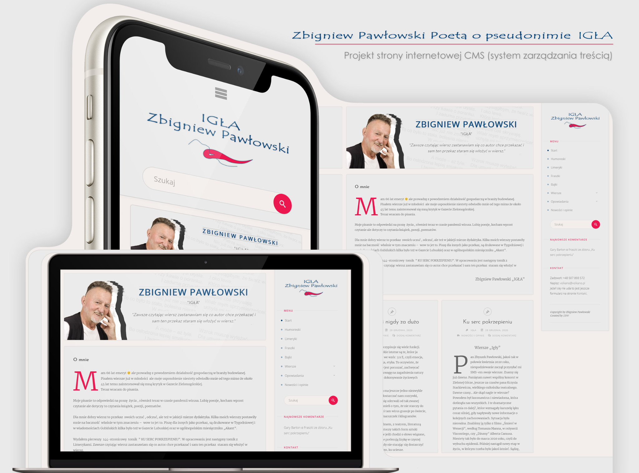 Prezentacja responsywnej strony internetowej poety Zbigniewa Pawłowskiego 'IGŁA' na ekranie smartfona, z widocznym menu i fragmentami treści.