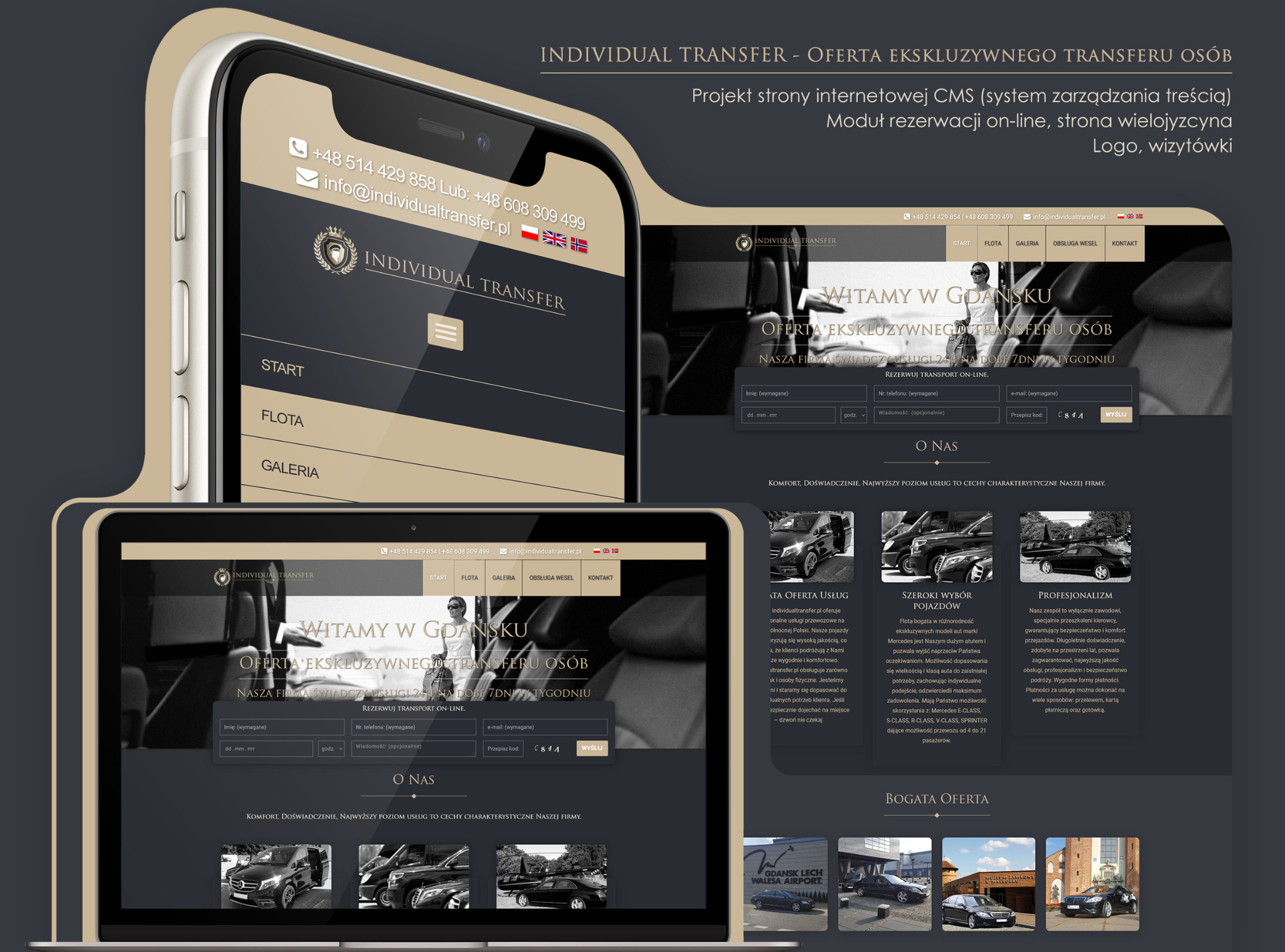 Responsywny projekt strony internetowej na laptopie i smartfonie, prezentujący interfejs rezerwacji transferu z Gdańska, z widocznymi formularzami i elementami nawigacyjnymi.