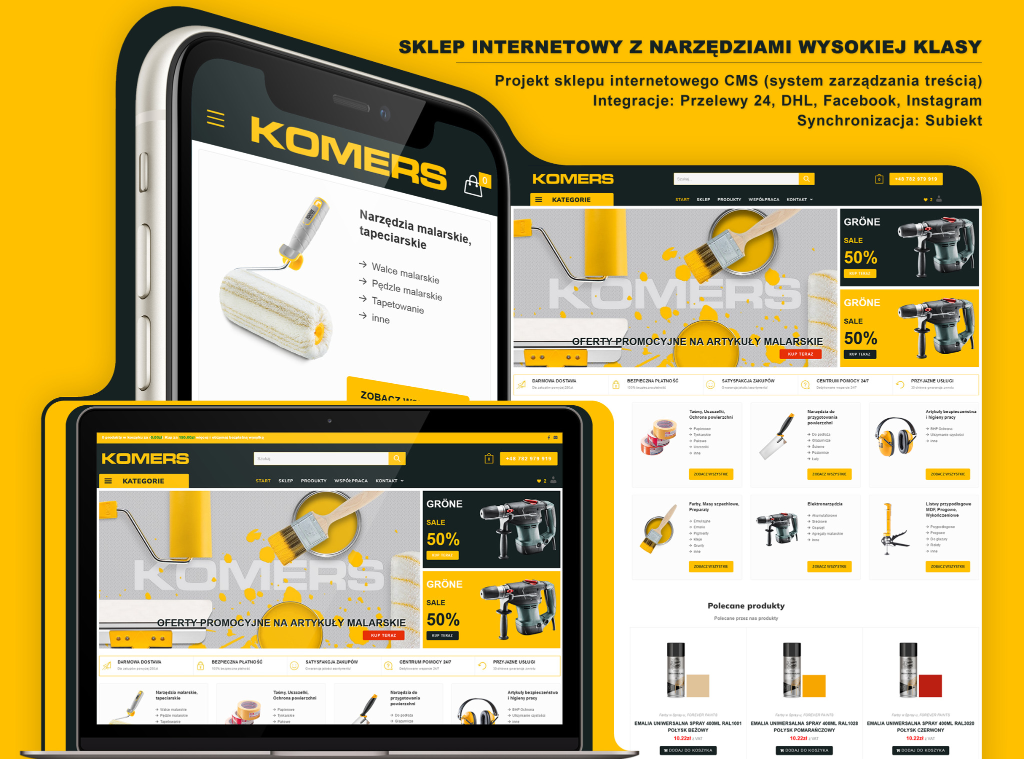 Prezentacja responsywnego sklepu internetowego z narzędziami malarskimi na ekranie laptopa i smartfona, z widocznymi ofertami promocyjnymi i kategoriami produktów.