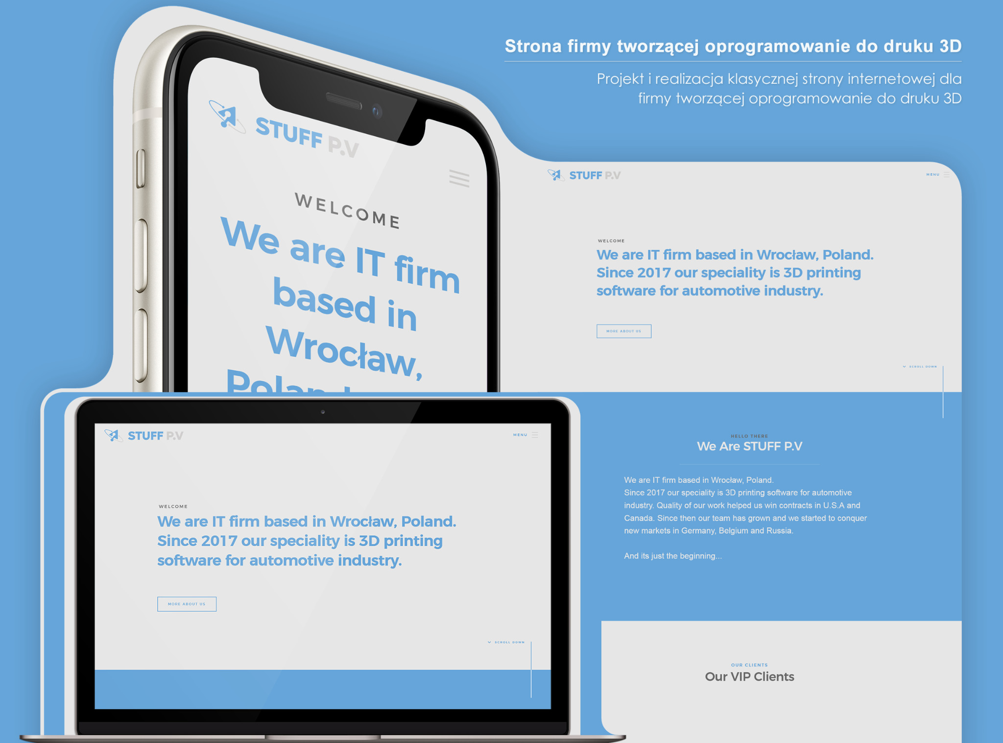 Responsywna strona internetowa firmy STUFF P.V. wyświetlana na ekranie laptopa i smartfona, z widocznym logo i informacją o specjalizacji w oprogramowaniu do druku 3D.