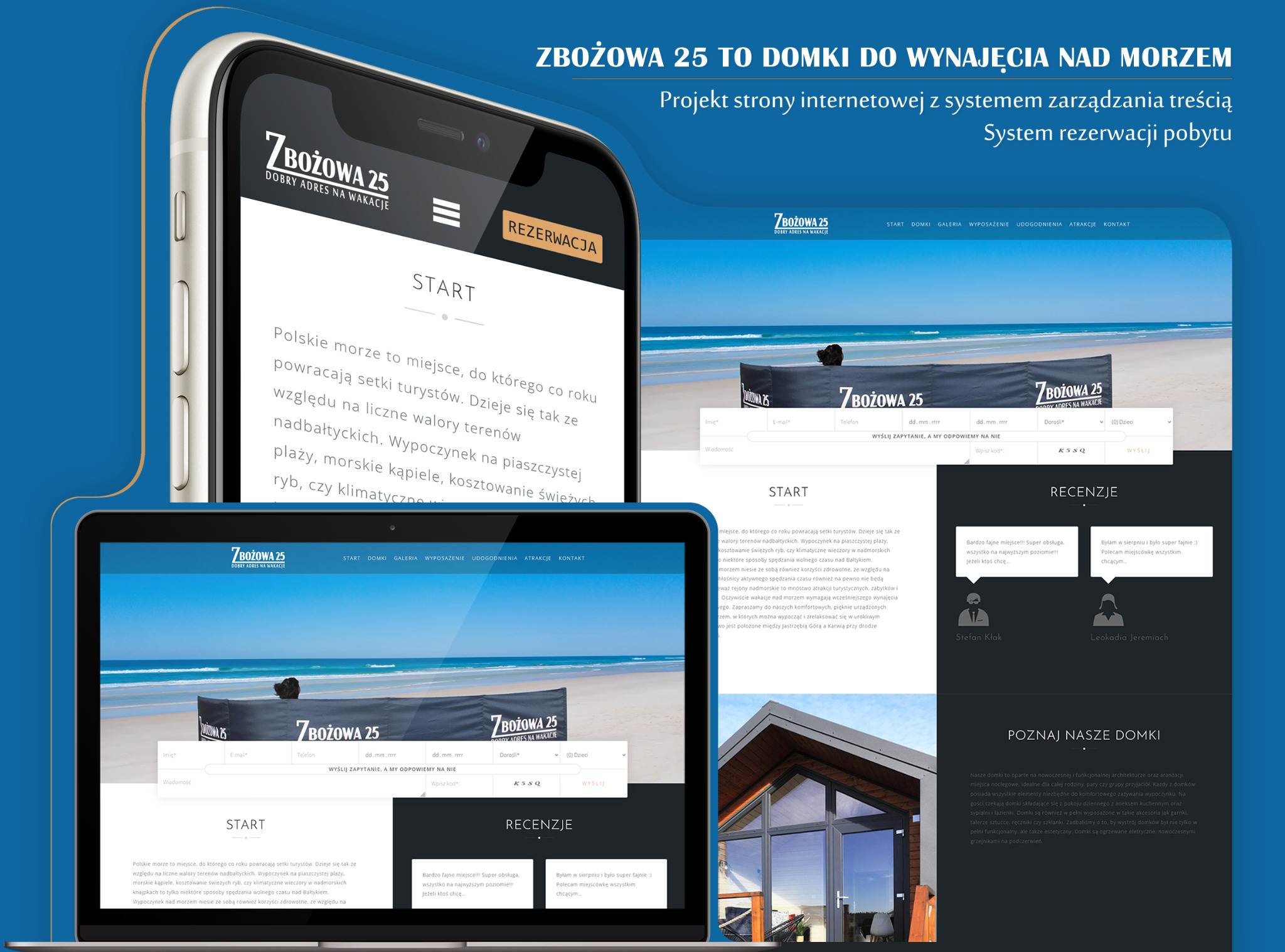Prezentacja responsywnej strony internetowej na laptopie i smartfonie, z widocznym formularzem rezerwacji domków nad morzem, logotypem '7Bożowa 25' i elementami graficznymi związanymi z wakacjami.
