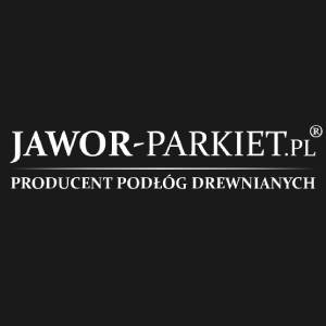 Logo firmy Jawor-Parkiet.pl z Nowego Miasta Lubawskiego, producenta podłóg drewnianych, na czarnym tle.