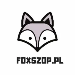 Grafika wektorowa przedstawiająca stylizowaną głowę lisa z napisem FOXSZOP.PL poniżej, na białym tle.