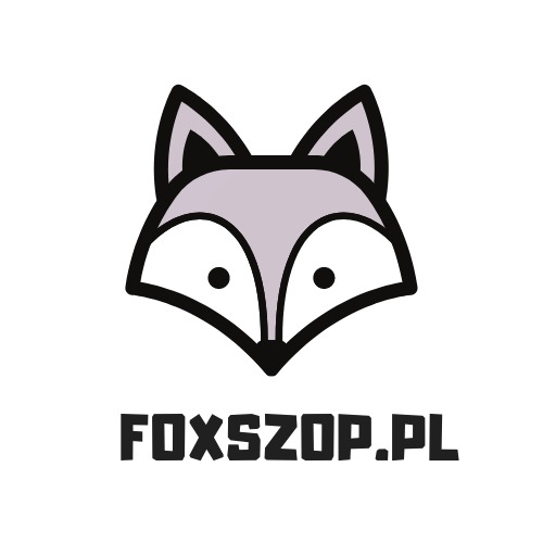 Grafika wektorowa przedstawiająca stylizowaną głowę lisa z napisem FOXSZOP.PL poniżej, na białym tle.