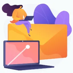 Ilustracja wektorowa: Kobieta siedzi na dużej pomarańczowej kopercie i pracuje na laptopie, drugi laptop stoi obok, fioletowe elementy dekoracyjne w tle.