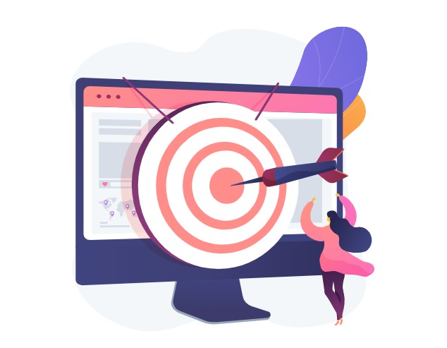 Kobieta celuje strzałką w tarczę wyświetlaną na ekranie komputera, symbolizującą precyzyjne targetowanie w kampanii reklamowej.