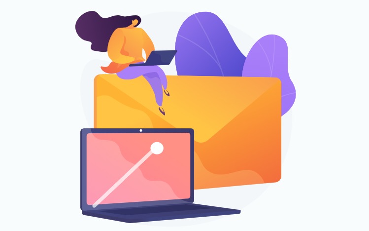 Ilustracja wektorowa: Kobieta siedzi na dużej pomarańczowej kopercie i pracuje na laptopie, drugi laptop stoi obok, fioletowe elementy dekoracyjne w tle.