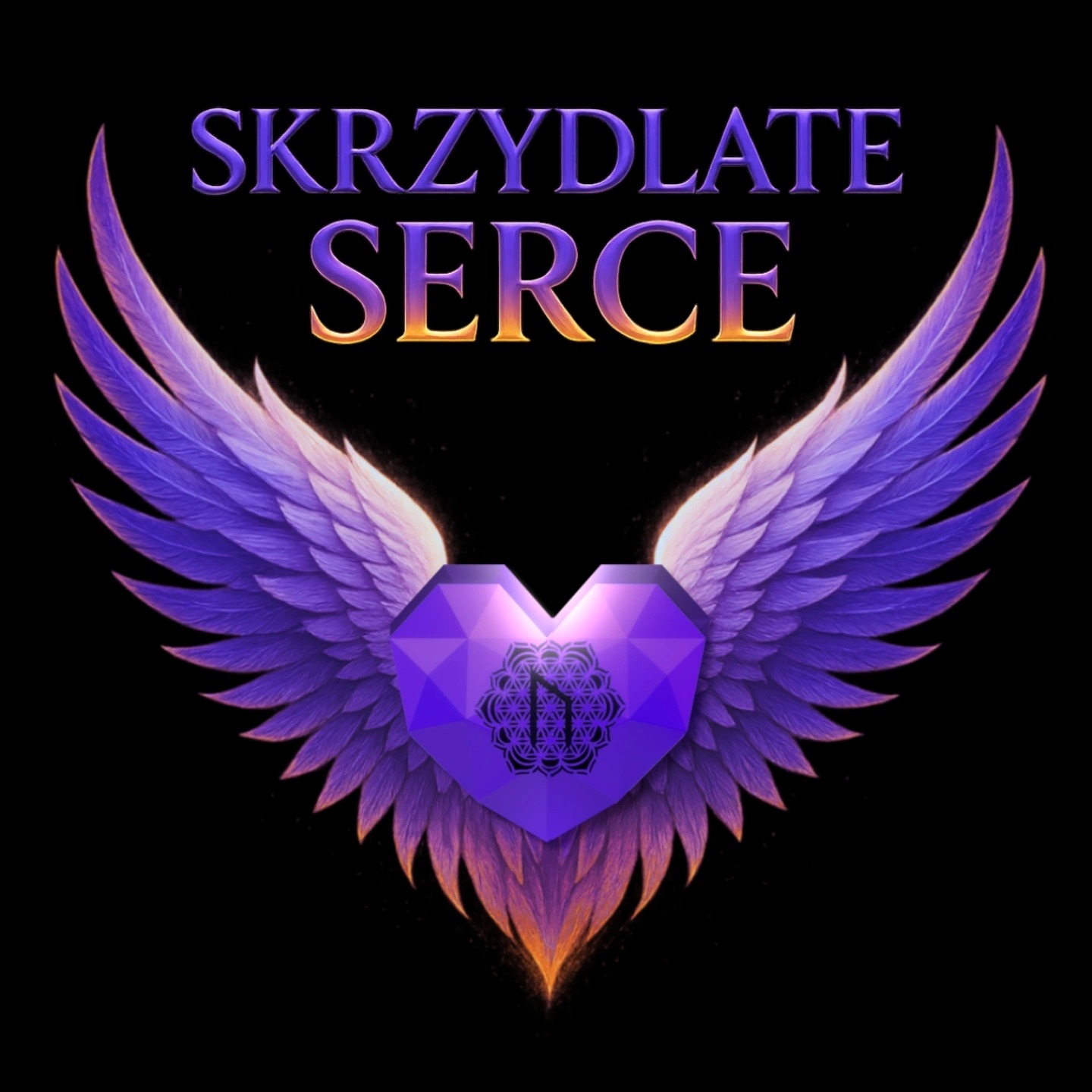 Grafika 'Skrzydlate Serce' w fioletowo-złotej kolorystyce na czarnym tle. Symbolika serca i skrzydeł w Cieszynie, sugerująca emocjonalne wsparcie.