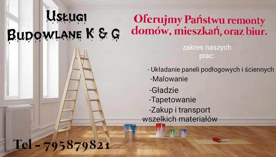 Reklama usług budowlanych: drabina malarska, puszki z farbą i wałek na drewnianej podłodze w pustym pokoju z oknem.