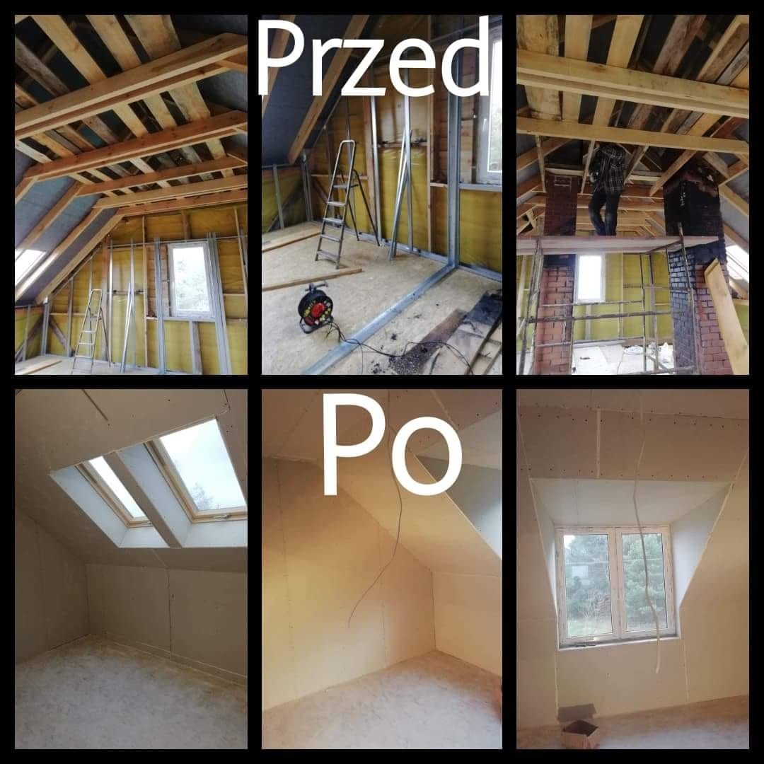 Adaptacja poddasza: widok przed i po, ukazujący surową konstrukcję z izolacją oraz wykończone, gładkie ściany z oknami dachowymi i szpaletami okiennymi.