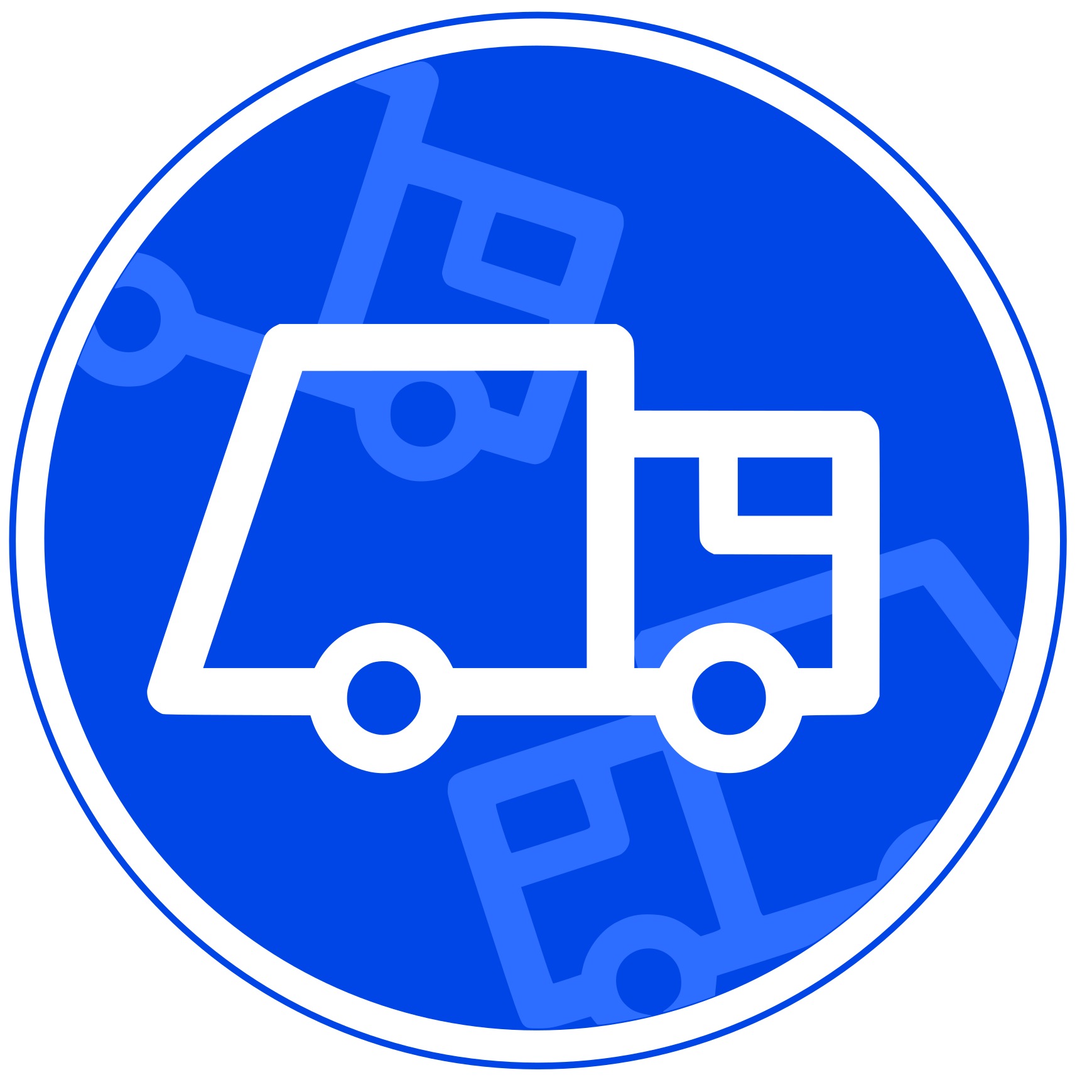 Biały, uproszczony symbol ciężarówki na niebieskim tle w okręgu, z delikatnymi, jaśniejszymi konturami ciężarówek w tle.